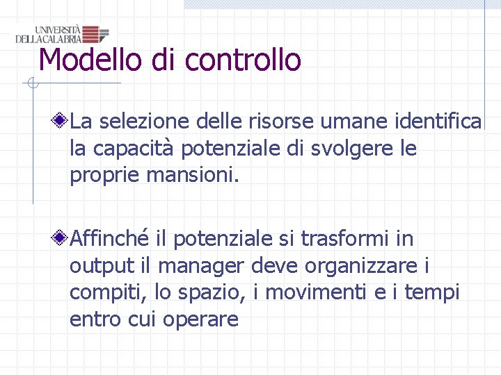 Modello di controllo La selezione delle risorse umane identifica la capacità potenziale di svolgere Modello di controllo La selezione delle risorse umane identifica la capacità potenziale di svolgere