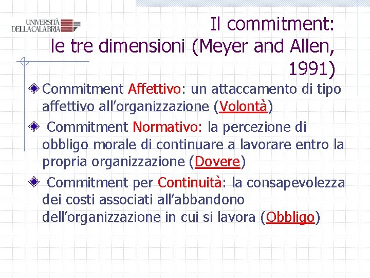Il commitment: le tre dimensioni (Meyer and Allen, 1991) Commitment Affettivo: un attaccamento di Il commitment: le tre dimensioni (Meyer and Allen, 1991) Commitment Affettivo: un attaccamento di