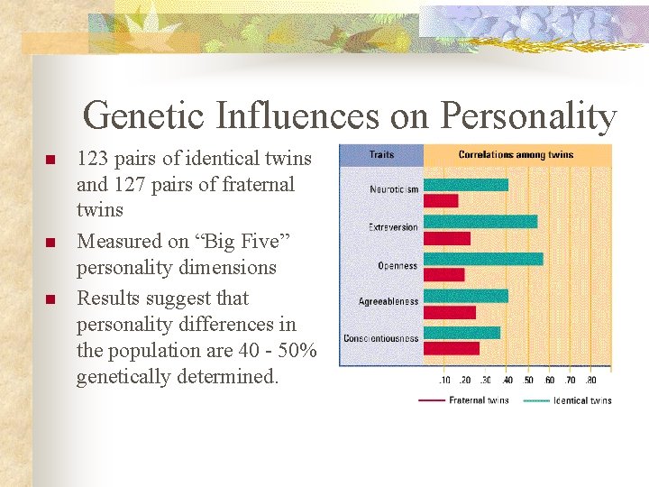 Genetic Influences on Personality n n n 123 pairs of identical twins and 127