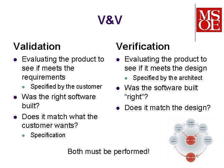 V&V Validation l Evaluating the product to see if meets the requirements l l