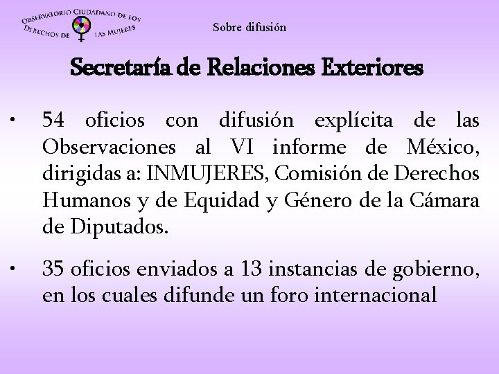 Sobre difusión Secretaría de Relaciones Exteriores • 54 oficios con difusión explícita de las