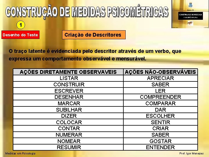 1 Desenho do Teste Criação de Descritores O traço latente é evidenciada pelo descritor