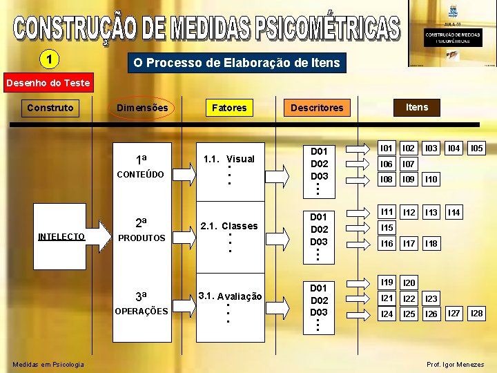 1 O Processo de Elaboração de Itens Desenho do Teste Construto Dimensões 1ª CONTEÚDO