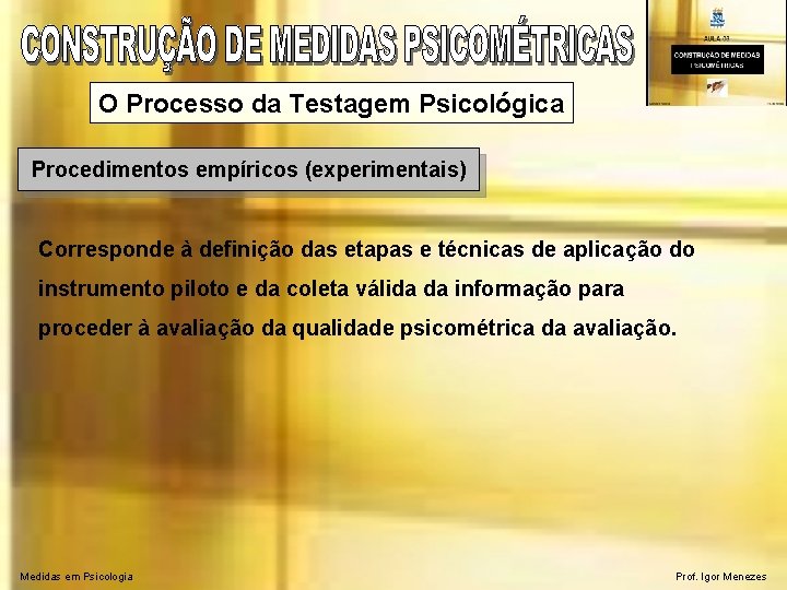 O Processo da Testagem Psicológica Procedimentos empíricos (experimentais) Corresponde à definição das etapas e