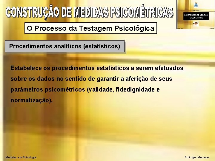 O Processo da Testagem Psicológica Procedimentos analíticos (estatísticos) Estabelece os procedimentos estatísticos a serem