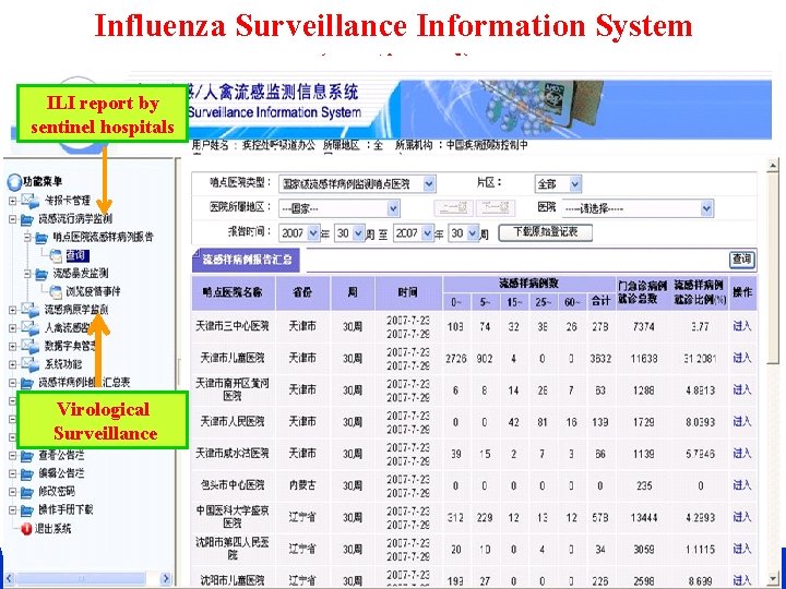 Influenza Surveillance Information System (continued) ILI report by sentinel hospitals Virological Surveillance CHINESE CENTER