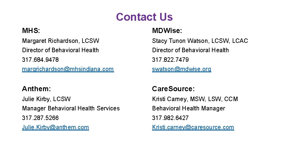 Contact Us MHS: MDWise: Margaret Richardson, LCSW Stacy Tunon Watson, LCSW, LCAC Director of