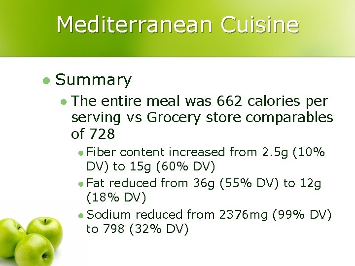 Mediterranean Cuisine l Summary l The entire meal was 662 calories per serving vs