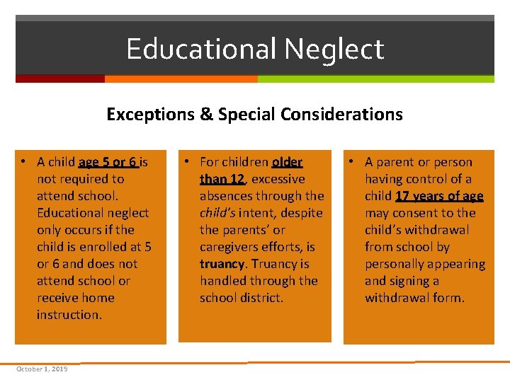 Educational Neglect Exceptions & Special Considerations • A child age 5 or 6 is Educational Neglect Exceptions & Special Considerations • A child age 5 or 6 is