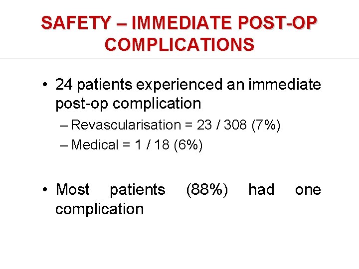SAFETY – IMMEDIATE POST-OP COMPLICATIONS • 24 patients experienced an immediate post-op complication –