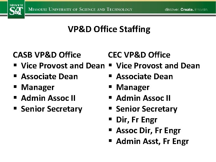  VP&D Office Staffing CASB VP&D Office § Vice Provost and Dean § Associate