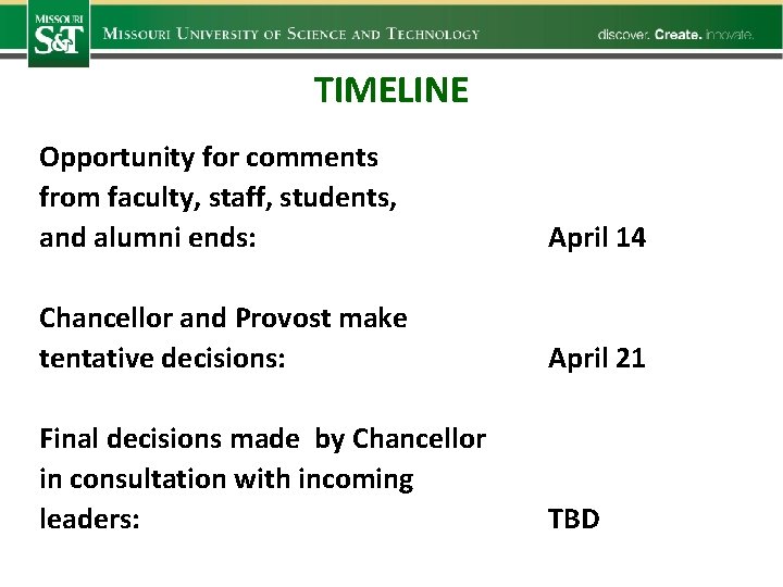 TIMELINE Opportunity for comments from faculty, staff, students, and alumni ends: April 14 Chancellor