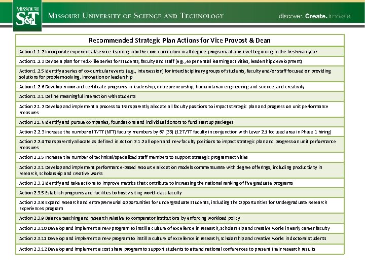 Recommended Strategic Plan Actions for Vice Provost & Dean Action 1. 1. 2 Incorporate