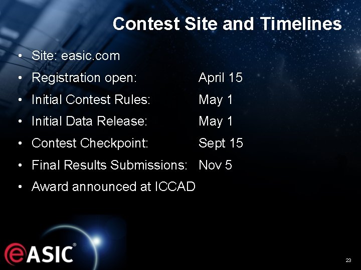 Contest Site and Timelines • Site: easic. com • Registration open: April 15 •