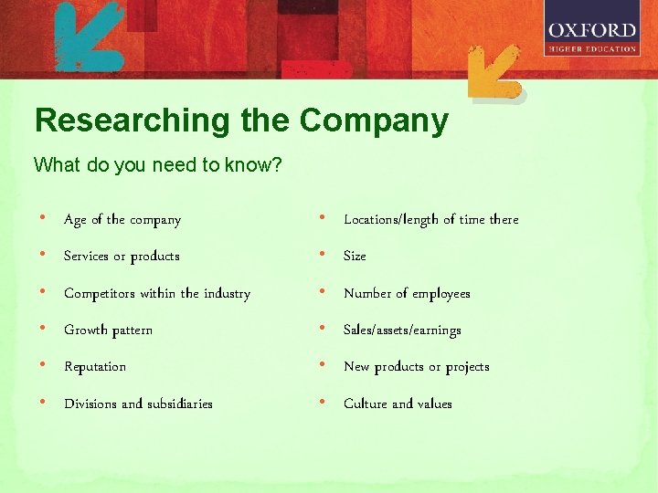 Researching the Company What do you need to know? • Age of the company