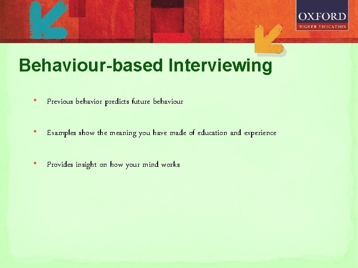 Behaviour-based Interviewing • Previous behavior predicts future behaviour • Examples show the meaning you