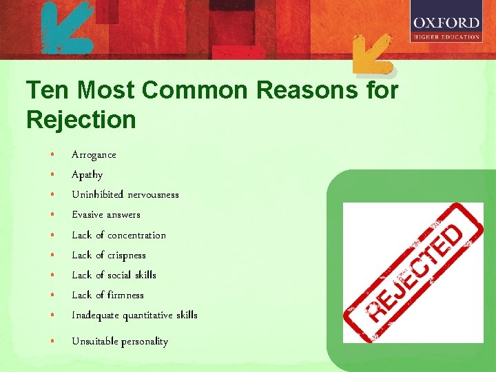 Ten Most Common Reasons for Rejection • • • Arrogance Apathy Uninhibited nervousness Evasive