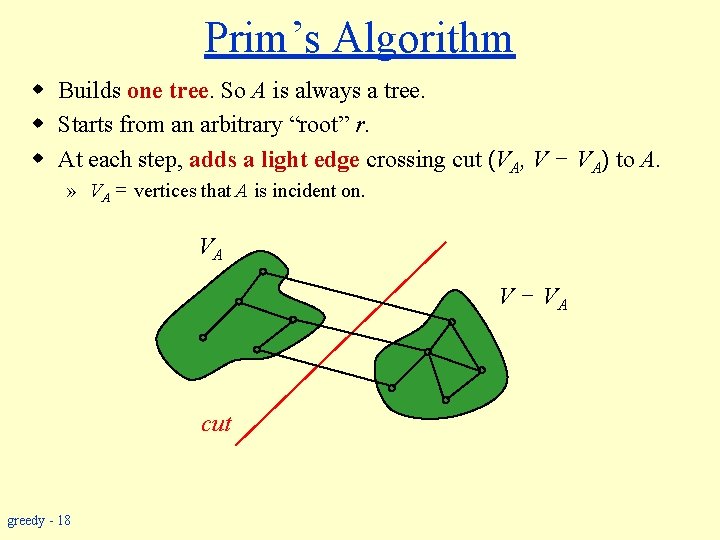 Prim’s Algorithm w Builds one tree. So A is always a tree. w Starts