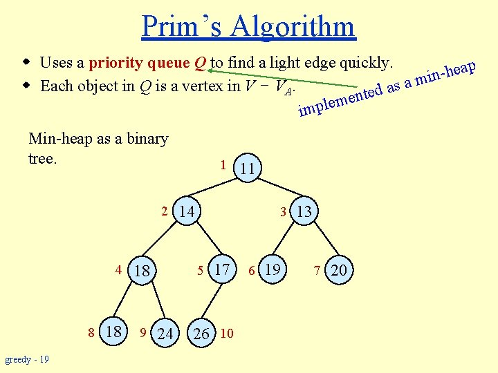 Prim’s Algorithm w Uses a priority queue Q to find a light edge quickly.