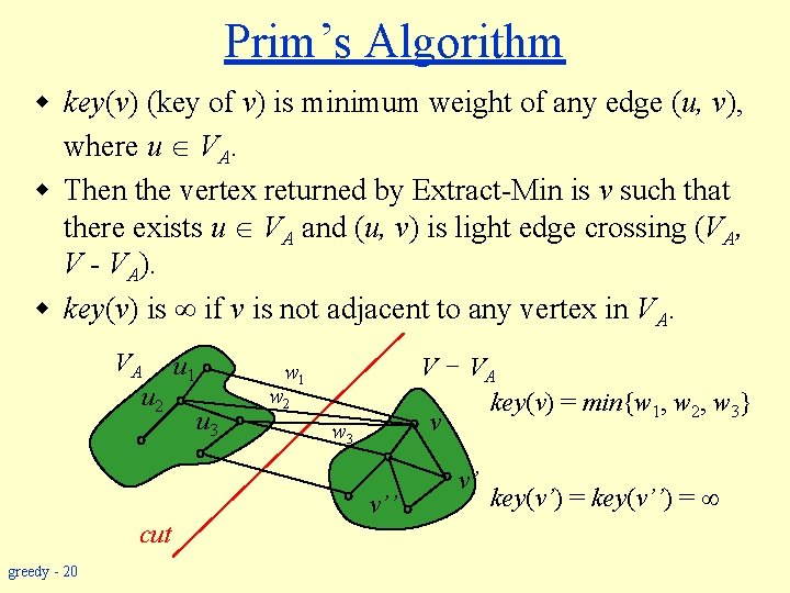 Prim’s Algorithm w key(v) (key of v) is minimum weight of any edge (u,