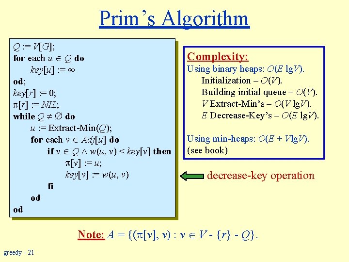 Prim’s Algorithm Q : = V[G]; for each u Q do key[u] : =