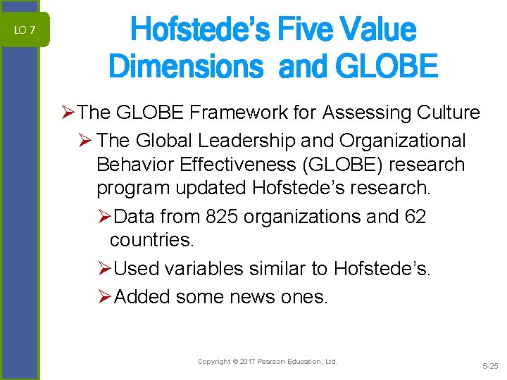 LO 7 Hofstede’s Five Value Dimensions and GLOBE ØThe GLOBE Framework for Assessing Culture