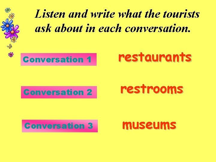 Listen and write what the tourists ask about in each conversation. Conversation 1 restaurants