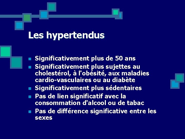 Les hypertendus n n n Significativement plus de 50 ans Significativement plus sujettes au