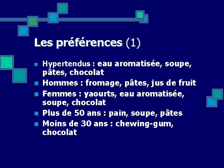 Les préférences (1) n n n Hypertendus : eau aromatisée, soupe, pâtes, chocolat Hommes