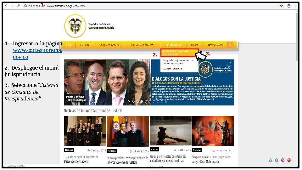 1. 1. Ingresar a la página www. cortesuprema. gov. co 2. Despliegue el menú