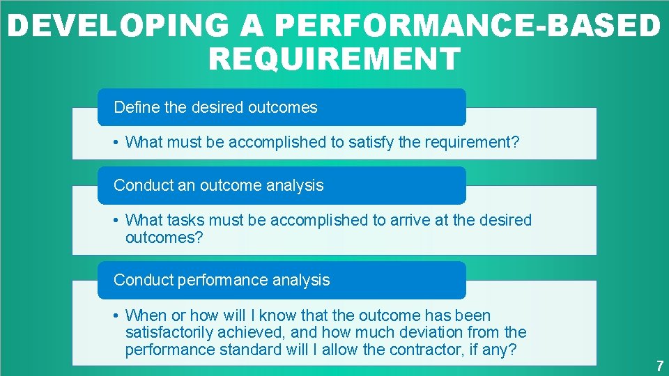 DEVELOPING A PERFORMANCE-BASED REQUIREMENT Define the desired outcomes • What must be accomplished to