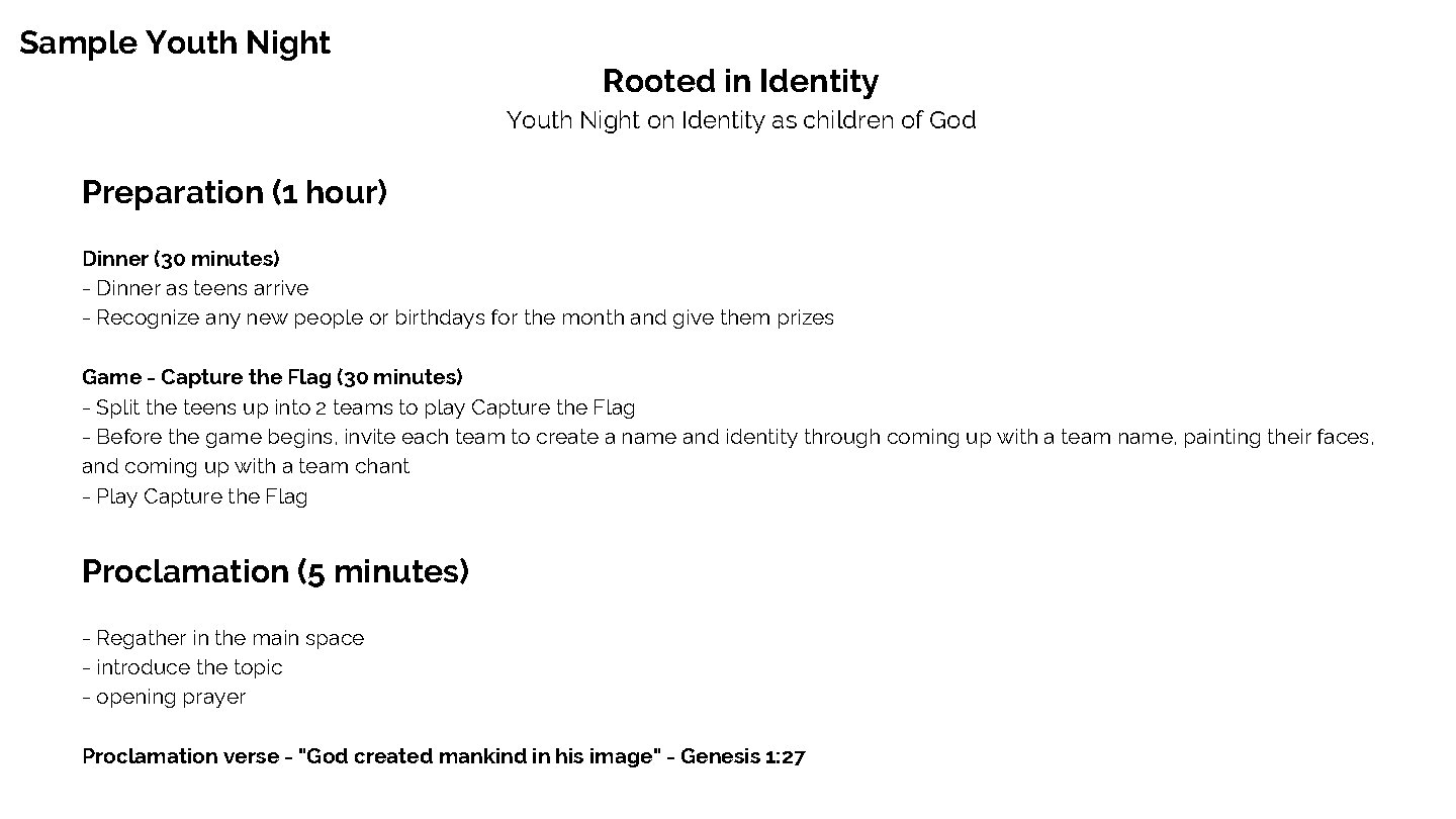 Sample Youth Night Rooted in Identity Youth Night on Identity as children of God