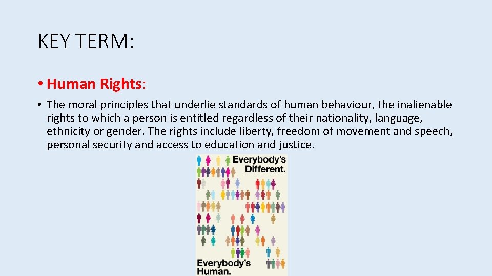 KEY TERM: • Human Rights: • The moral principles that underlie standards of human KEY TERM: • Human Rights: • The moral principles that underlie standards of human
