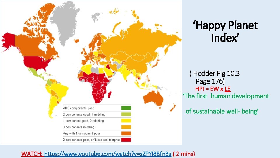 HPI ‘Happy Planet Index’ ( Hodder Fig 10. 3 Page 176) HPI = EW HPI ‘Happy Planet Index’ ( Hodder Fig 10. 3 Page 176) HPI = EW