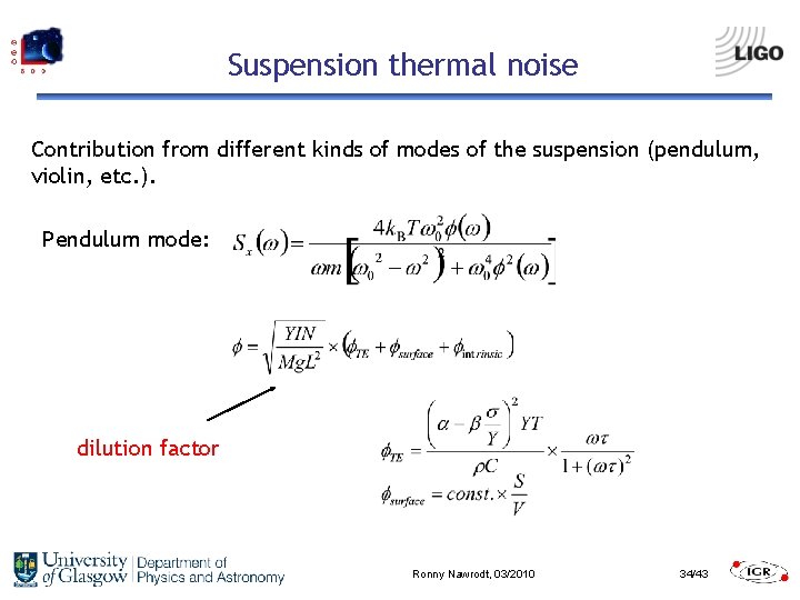 Suspension thermal noise Contribution from different kinds of modes of the suspension (pendulum, violin,