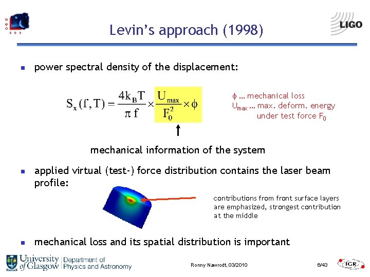 Levin’s approach (1998) n power spectral density of the displacement: … mechanical loss Umax