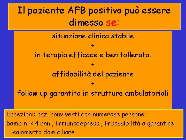 Il paziente AFB positivo può essere dimesso se: situazione clinica stabile + in terapia