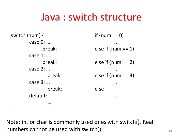Java : switch structure switch (num) { case 0: …. break; case 1: ….