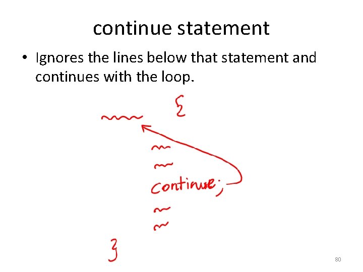 continue statement • Ignores the lines below that statement and continues with the loop.