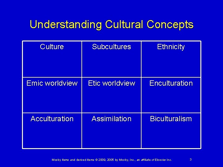 Understanding Cultural Concepts Culture Subcultures Ethnicity Emic worldview Etic worldview Enculturation Acculturation Assimilation Biculturalism