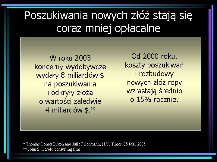 Poszukiwania nowych złóż stają się coraz mniej opłacalne W roku 2003 koncerny wydobywcze wydały