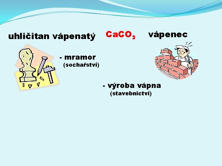 uhličitan vápenatý Ca. CO 3 vápenec - mramor (sochařství) - výroba vápna (stavebnictví) 