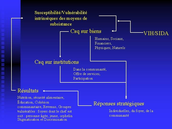 Susceptibilité/Vulnérabilité intrinsèques des moyens de subsistance Csq sur biens VIH/SIDA Humains, Sociaux, Financiers, Physiques,