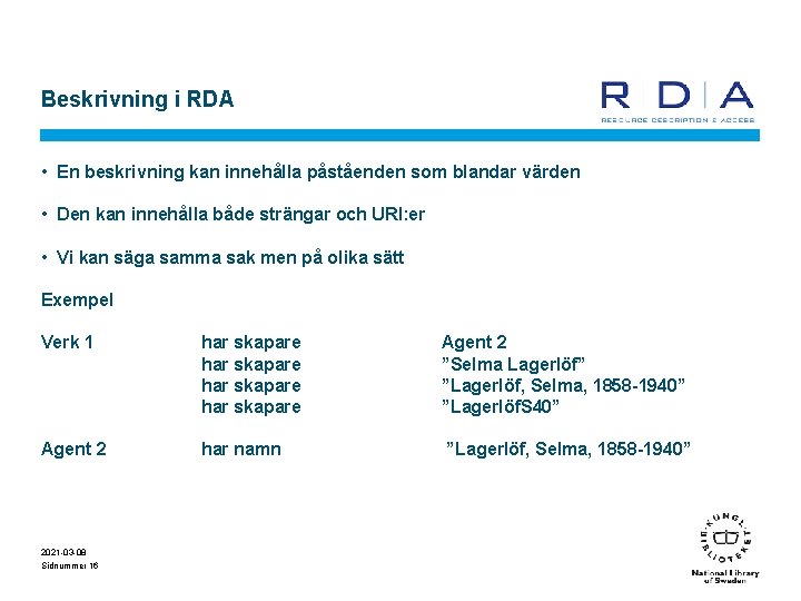 Beskrivning i RDA • En beskrivning kan innehålla påståenden som blandar värden • Den