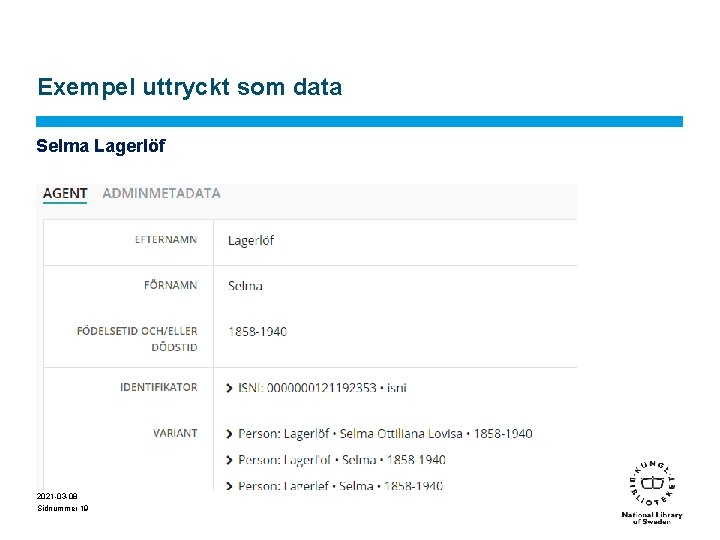 Exempel uttryckt som data Selma Lagerlöf 2021 -03 -08 Sidnummer 19 