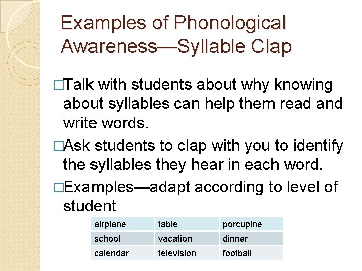 Examples of Phonological Awareness—Syllable Clap �Talk with students about why knowing about syllables can Examples of Phonological Awareness—Syllable Clap �Talk with students about why knowing about syllables can