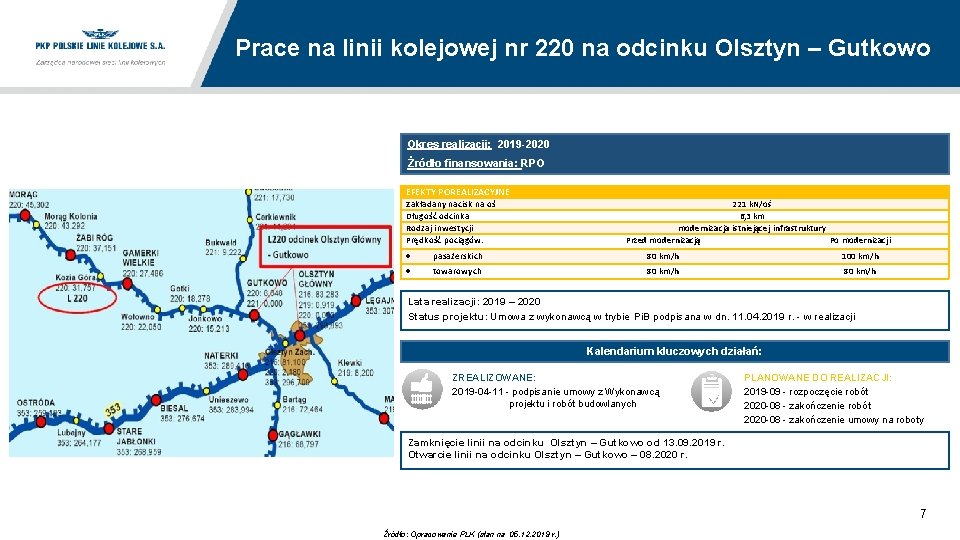 Prace na linii kolejowej nr 220 na odcinku Olsztyn – Gutkowo Okres realizacji: 2019