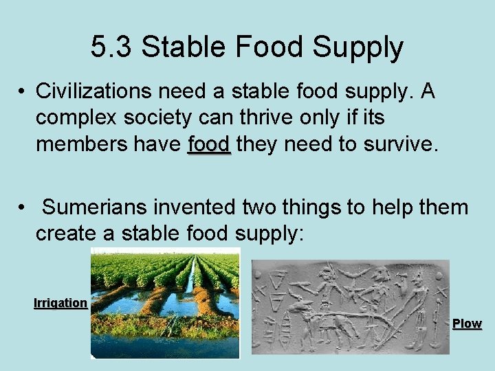 5. 3 Stable Food Supply • Civilizations need a stable food supply. A complex