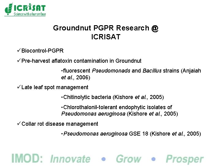 Groundnut PGPR Research @ ICRISAT üBiocontrol-PGPR üPre-harvest aflatoxin contamination in Groundnut • fluorescent Pseudomonads