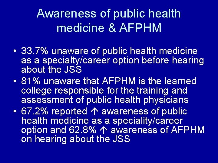 Awareness of public health medicine & AFPHM • 33. 7% unaware of public health